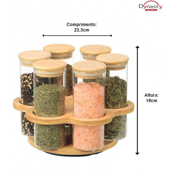 Jogo 6 Porta Condimentos 320ml 23,3x18cm Em Vidro Borossilicato Com Tampa E Suporte Em Bambu